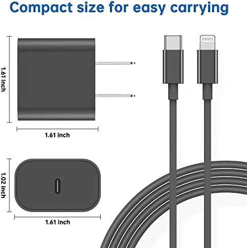 3 חבילות 20W מתאם חסימת מטען מהיר שחור, מטען USB C עם [Apple MFI Certified] USB C לכבל ברק 6 רגל תואם